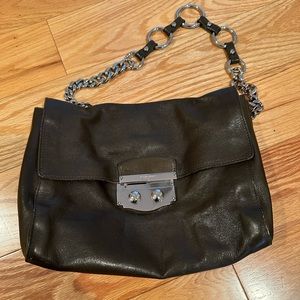 Yves Saint Laurent Black Leather Shoulder Bag with Silver Chain
